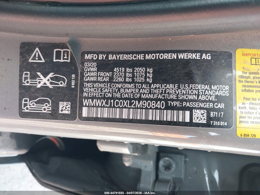 2020 Mini Clubman Cooper S VIN: WMWXJ1C0XL2M90840 Lot: 44791555