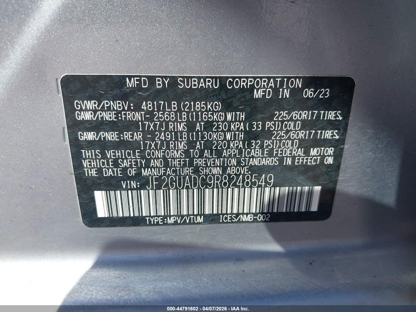 2024 SUBARU XV SPORT UTILITY VEHICLE 2.0L H-4 DI, DOHC, VVT, 152HP