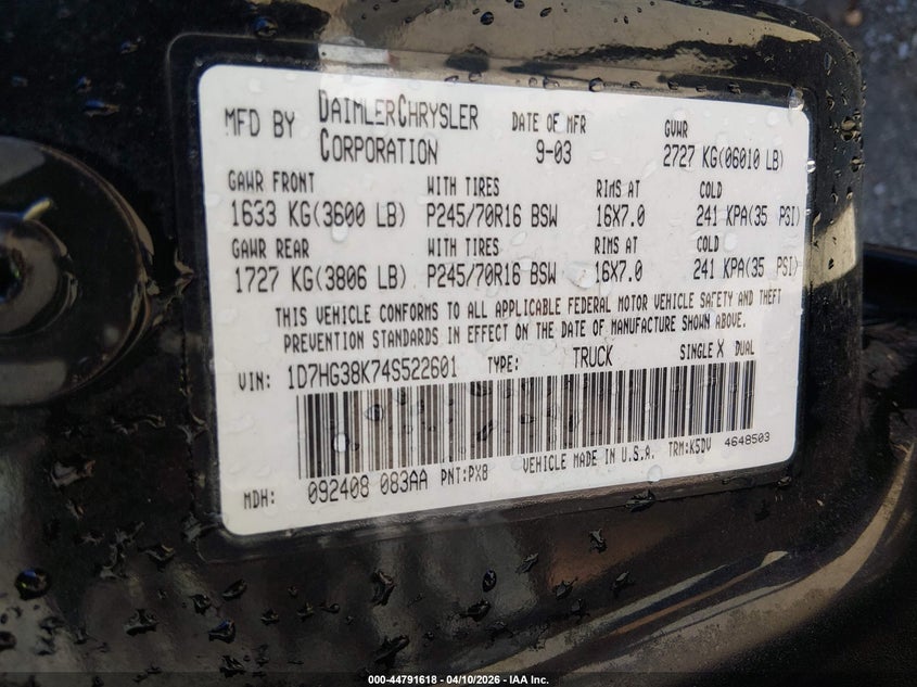 2004 Dodge Dakota Sport/Sxt VIN: 1D7HG38K74S522601 Lot: 44791618