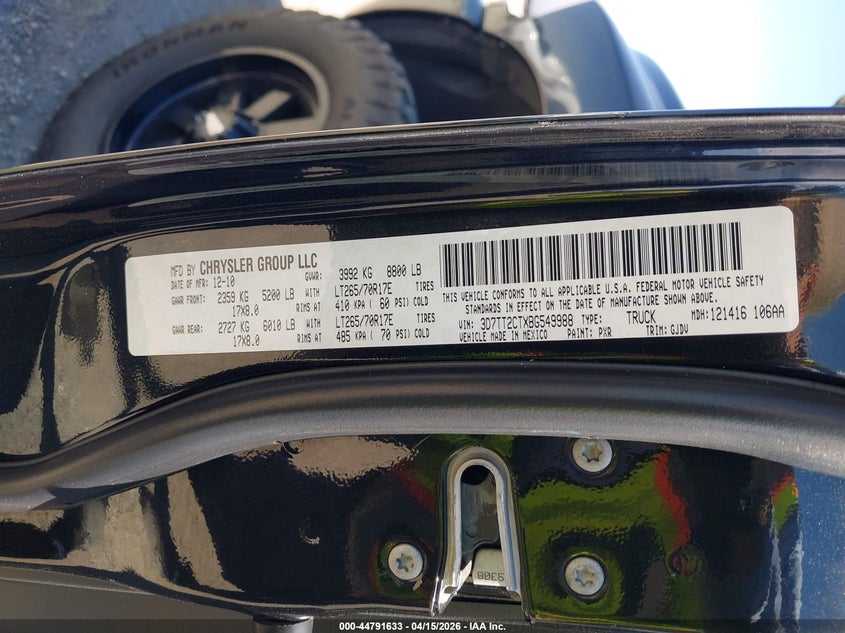 2011 Ram Ram 2500 Laramie VIN: 3D7TT2CTXBG549988 Lot: 44791633