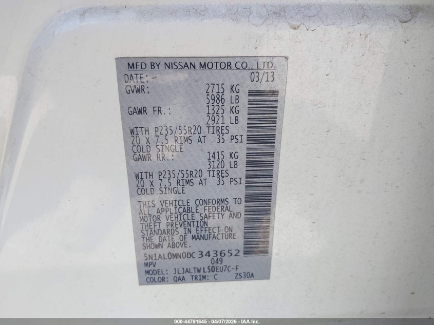 2013 Infiniti Jx35 VIN: 5N1AL0MN0DC343652 Lot: 44791645