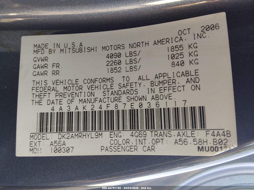 2007 Mitsubishi Eclipse Gs VIN: 4A3AK24F87E036117 Lot: 44791780