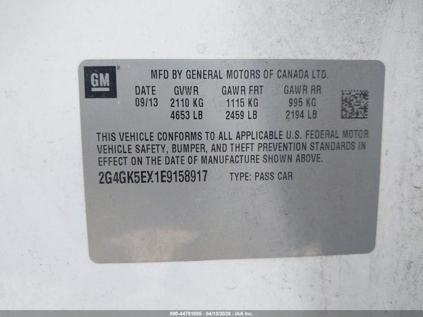 2014 Buick Regal Turbo VIN: 2G4GK5EX1E9158917 Lot: 44791805