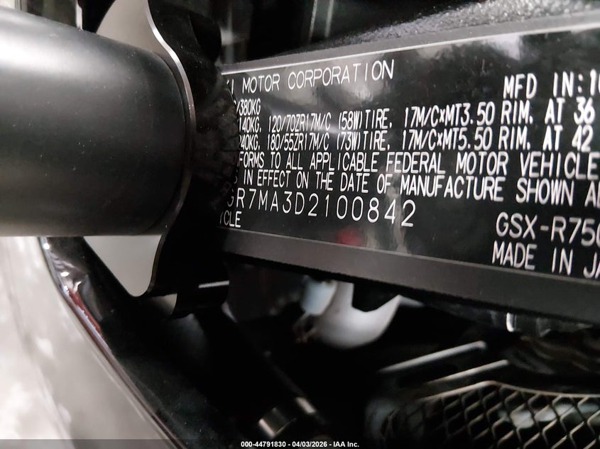 2013 Suzuki Gsx-R750 VIN: JS1GR7MA3D2100842 Lot: 44791830