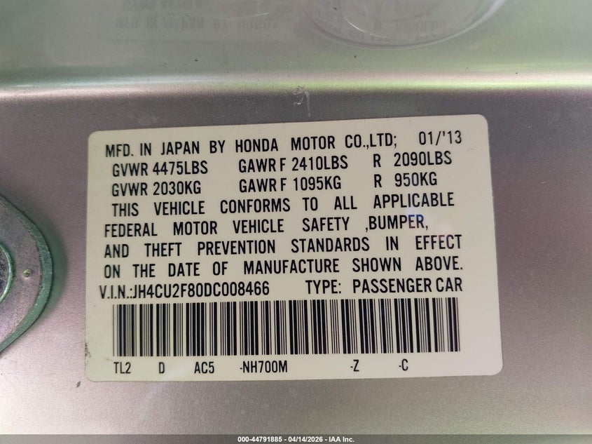 2013 Acura Tsx 2.4 VIN: JH4CU2F80DC008466 Lot: 44791885