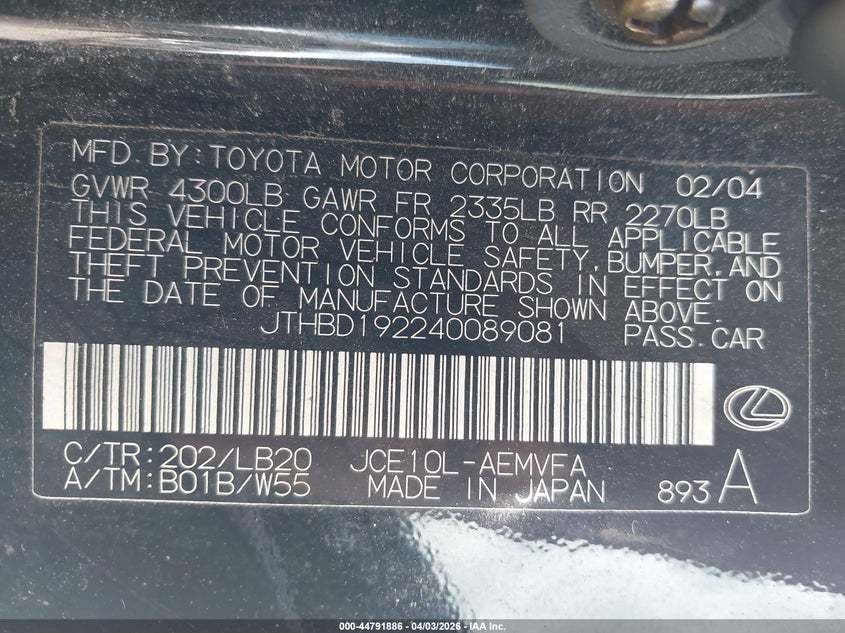 2004 Lexus Is 300 Base W/5-Speed Manual VIN: JTHBD192240089081 Lot: 44791886