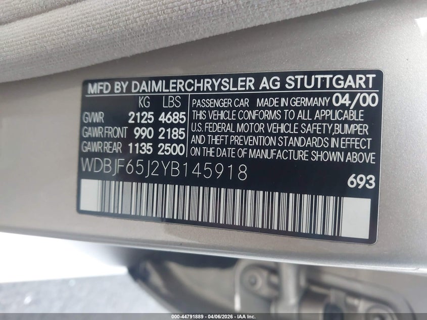 2000 Mercedes-Benz E 320 VIN: WDBJF65J2YB145918 Lot: 44791889