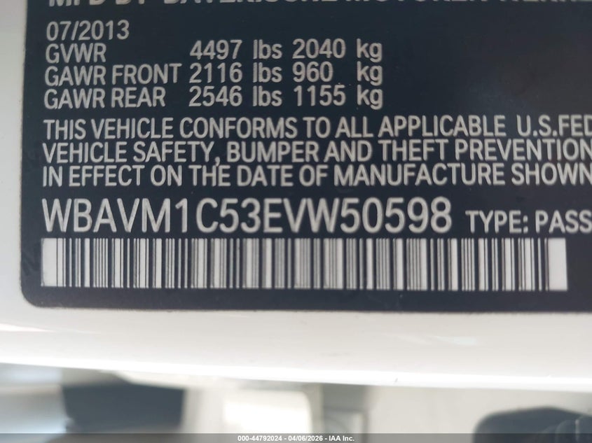 2014 BMW X1 Sdrive28I VIN: WBAVM1C53EVW50598 Lot: 44792024