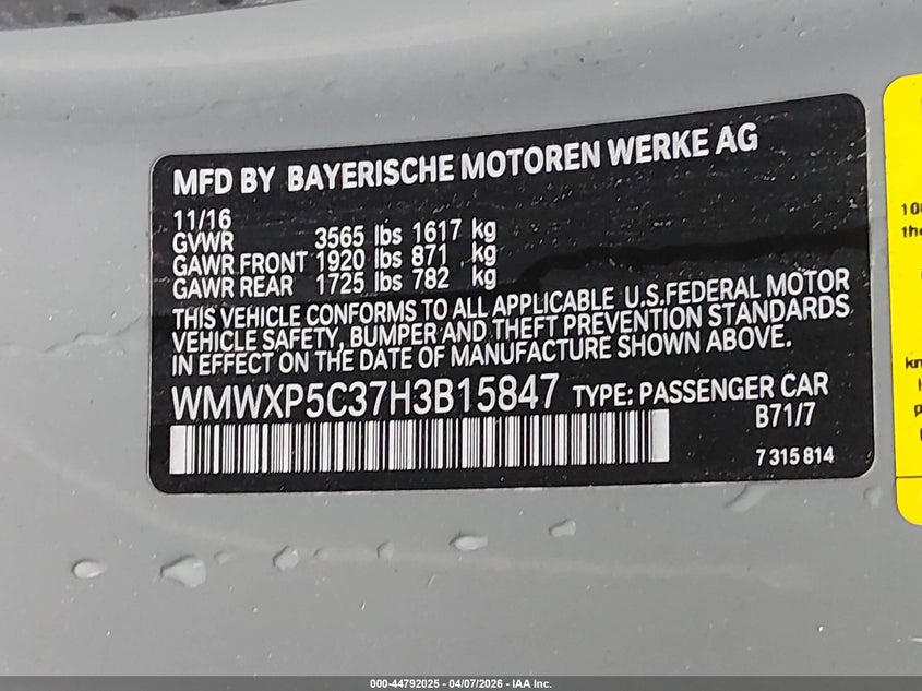 2017 Mini Hardtop Cooper VIN: WMWXP5C37H3B15847 Lot: 44792025
