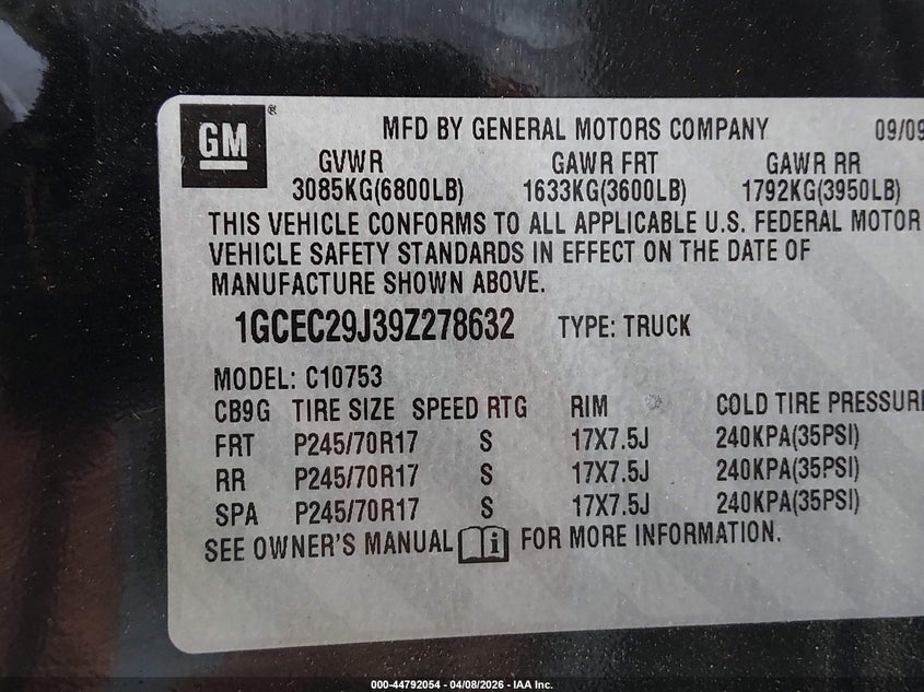 2009 Chevrolet Silverado 1500 Lt VIN: 1GCEC29J39Z278632 Lot: 44792054