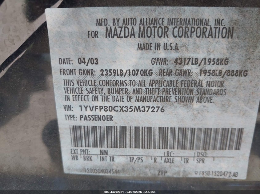 2003 Mazda Mazda6 I VIN: 1YVFP80CX35M37276 Lot: 44792081