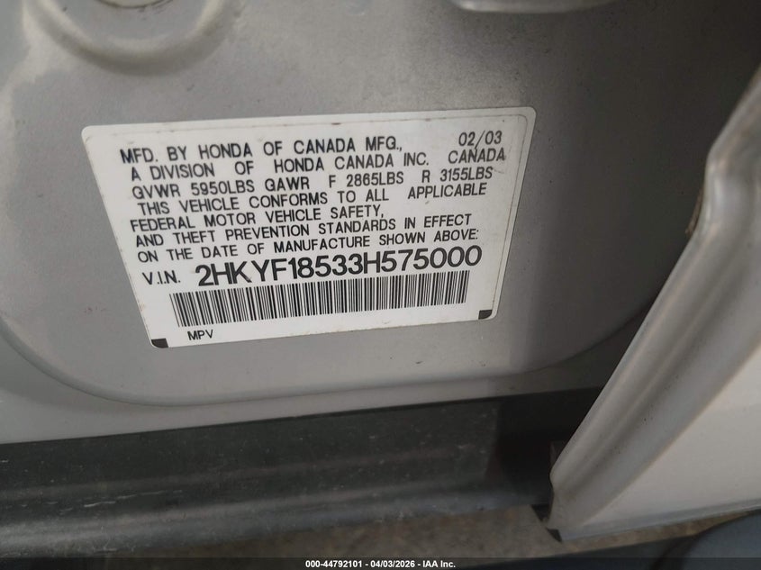 2003 Honda Pilot Ex-L VIN: 2HKYF18533H575000 Lot: 44792101