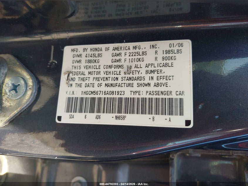 2006 Honda Accord 2.4 Ex VIN: 1HGCM56716A081923 Lot: 44792203
