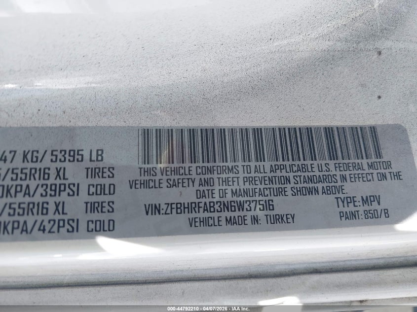 2022 Ram Promaster City Cargo Van VIN: ZFBHRFAB3N6W37516 Lot: 44792210