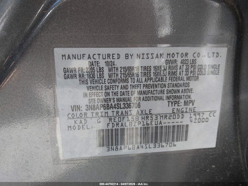 2025 Nissan Kicks S Fwd VIN: 3N8AP6BA4SL336706 Lot: 44792214