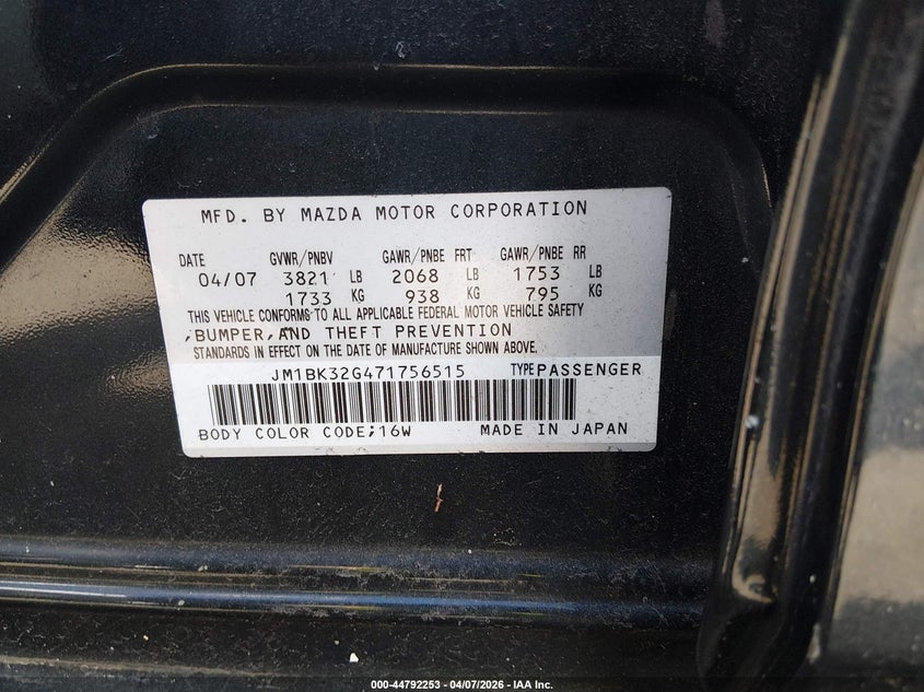2007 Mazda Mazda3 I Touring VIN: JM1BK32G471756515 Lot: 44792253