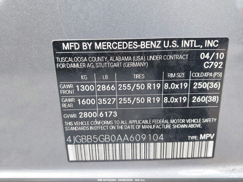 2010 Mercedes-Benz Ml 350 VIN: 4JGBB5GB0AA609104 Lot: 44792264