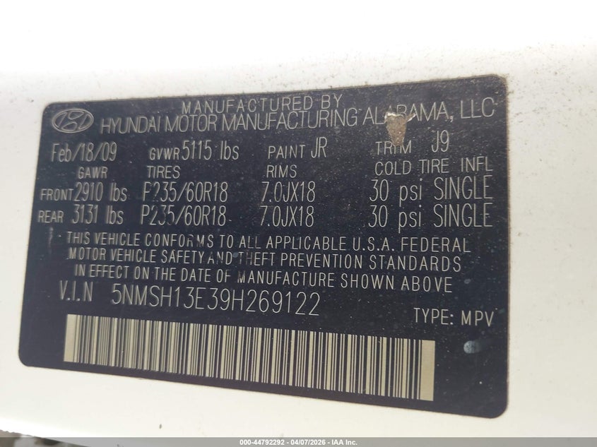2009 Hyundai Santa Fe Limited VIN: 5NMSH13E39H269122 Lot: 44792292