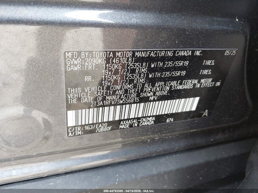 2025 Toyota Rav4 Xle Premium VIN: 2T3A1RFV7SW556815 Lot: 44792300