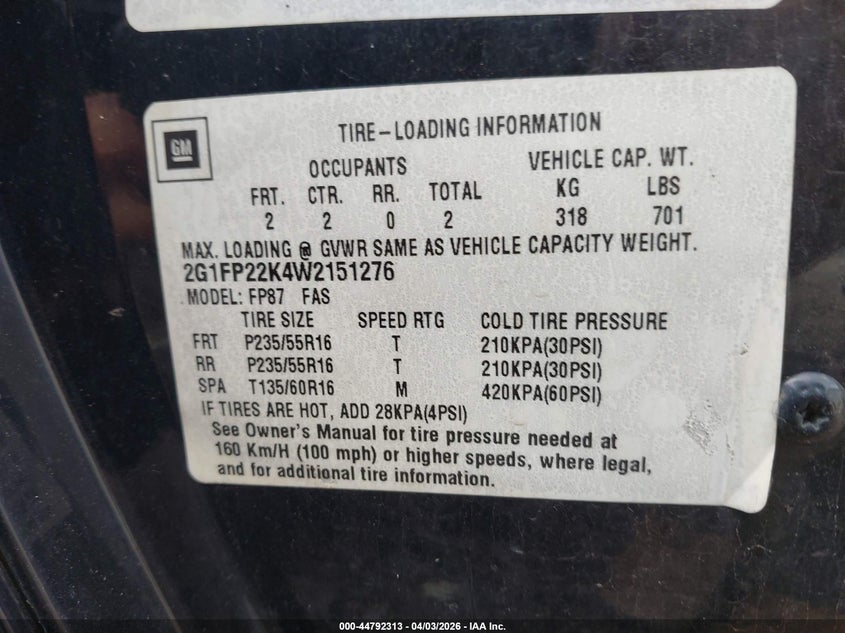 1998 Chevrolet Camaro VIN: 2G1FP22K4W2151276 Lot: 44792313