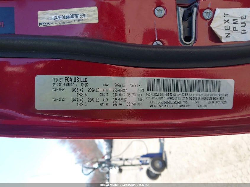 2016 Jeep Compass Latitude VIN: 1C4NJDEB6GD781369 Lot: 44792328