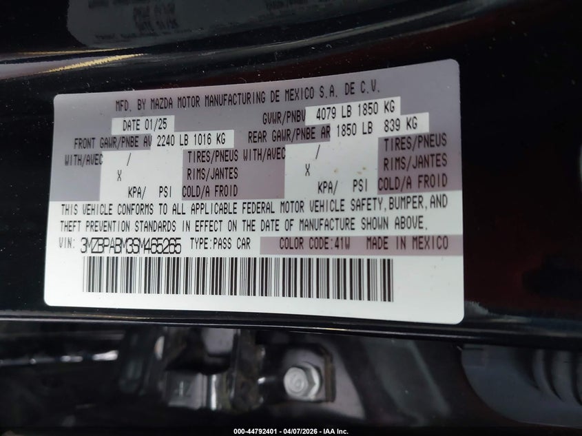 MAZDA MAZDA3 2025 VIN 3MZBPABM3SM465265
