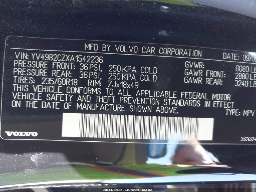 2010 Volvo Xc90 3.2 VIN: YV4982CZXA1542236 Lot: 44792452