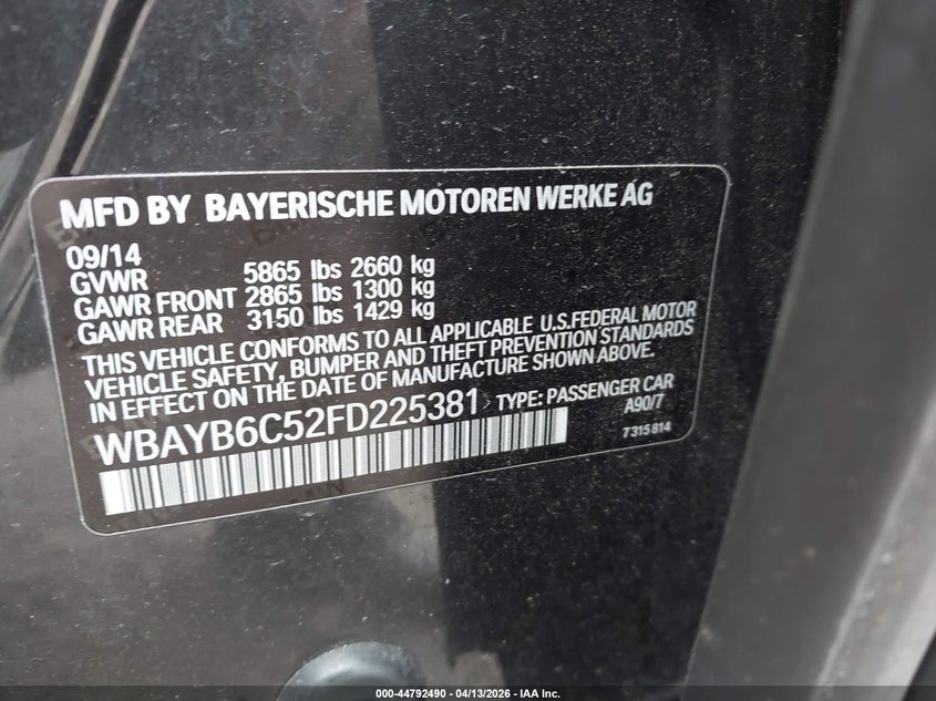 2015 BMW 750I xDrive VIN: WBAYB6C52FD225381 Lot: 44792490