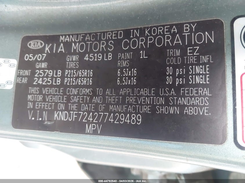 2007 Kia Sportage Lx VIN: KNDJF724277429489 Lot: 44792540