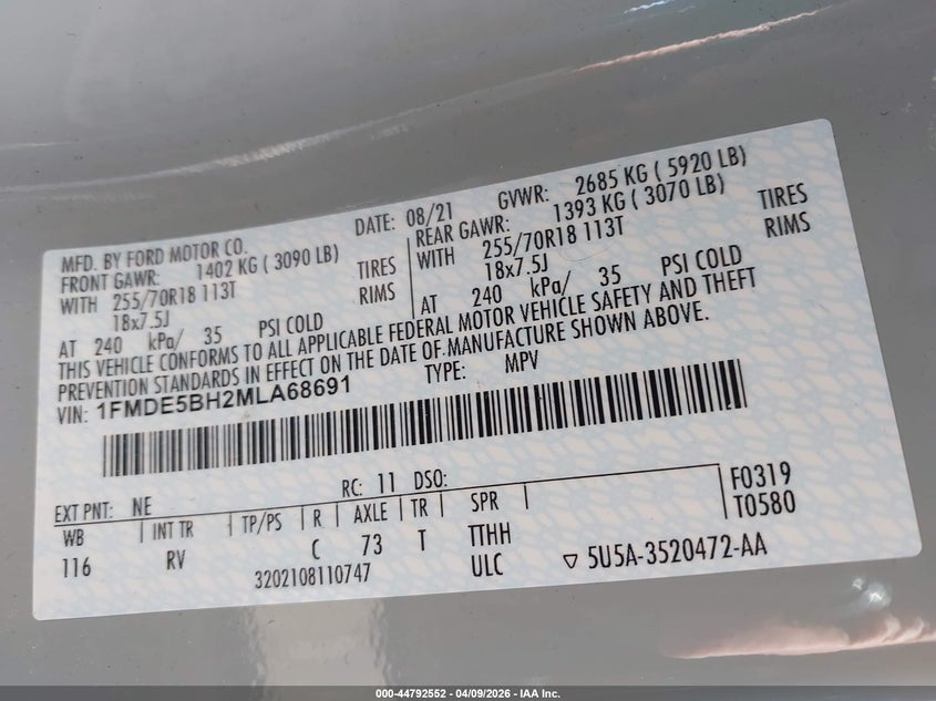 2021 Ford Bronco Outer Banks VIN: 1FMDE5BH2MLA68691 Lot: 44792552