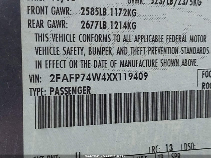 1999 Ford Crown Victoria Lx VIN: 2FAFP74W4XX119409 Lot: 44792601