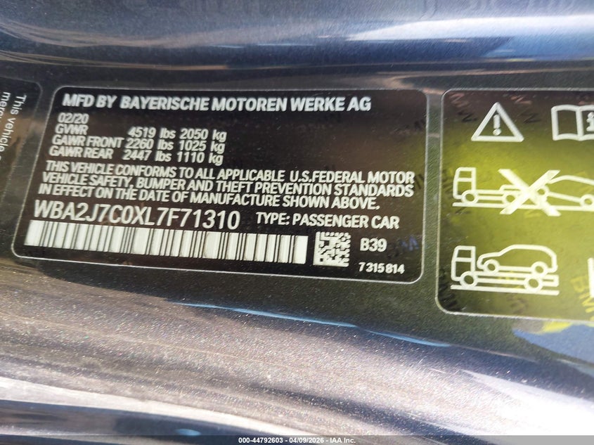 2020 BMW M240I xDrive VIN: WBA2J7C0XL7F71310 Lot: 44792603