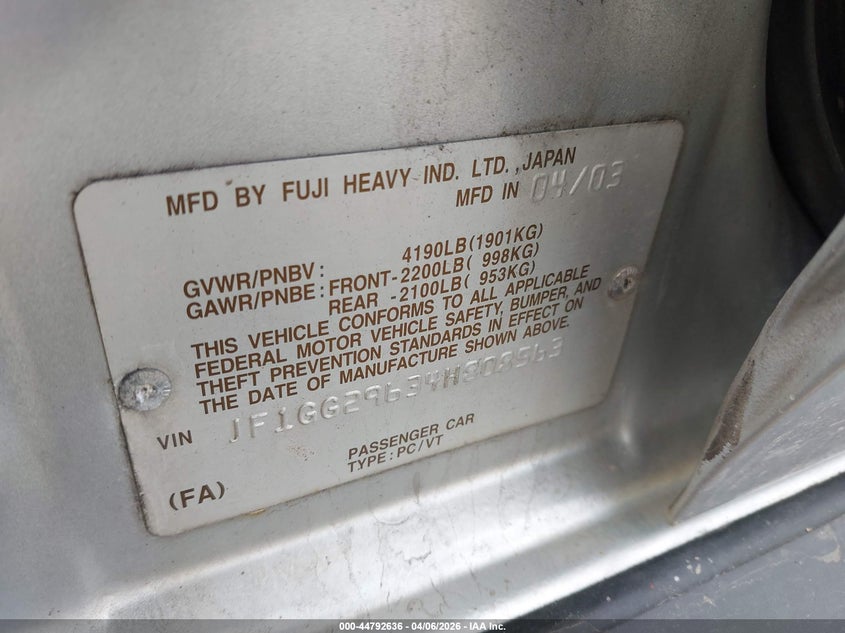 2004 Subaru Impreza Wrx VIN: JF1GG29634H808563 Lot: 44792636