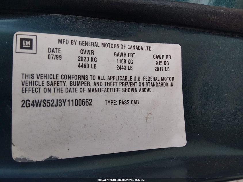 2000 Buick Century Custom VIN: 2G4WS52J3Y1100662 Lot: 44792640