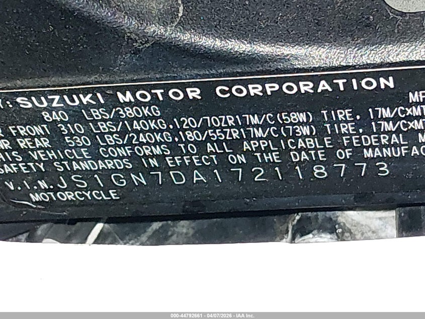 2007 Suzuki Gsx-R600 VIN: JS1GN7DA172118773 Lot: 44792661