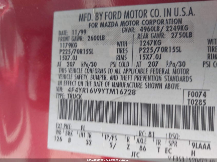2000 Mazda B3000 Se/Tl VIN: 4F4YR16V9YTM16728 Lot: 44792707