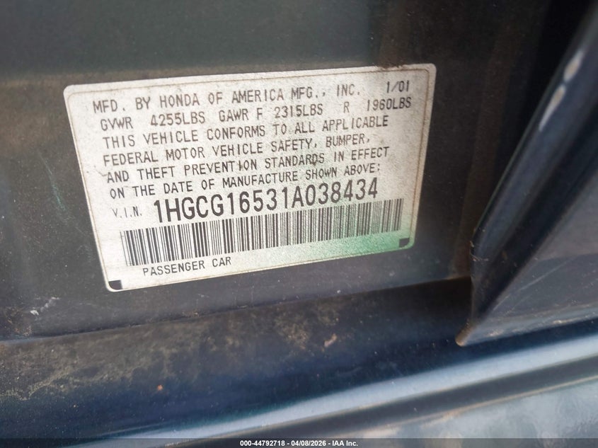 2001 Honda Accord 3.0 Ex VIN: 1HGCG16531A038434 Lot: 44792718