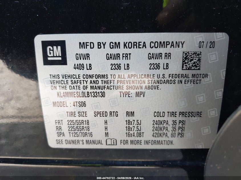 2020 Buick Encore Gx Awd Select VIN: KL4MMESL0LB133130 Lot: 44792722