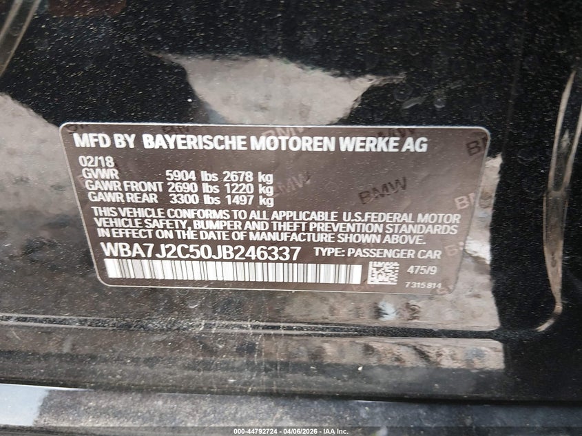 2018 BMW 740E xDrive Iperformance VIN: WBA7J2C50JB246337 Lot: 44792724