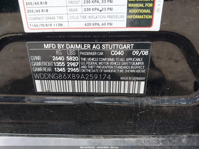 2009 Mercedes-Benz S 550 4Matic VIN: WDDNG86X89A259174 Lot: 44792763