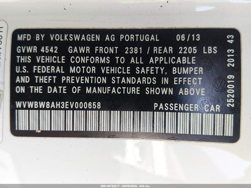 2014 Volkswagen Eos Komfort VIN: WVWBW8AH3EV000658 Lot: 44792817