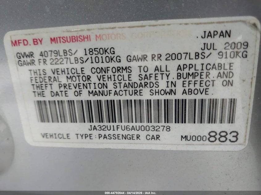 2010 Mitsubishi Lancer De VIN: JA32U1FU6AU003278 Lot: 44792844