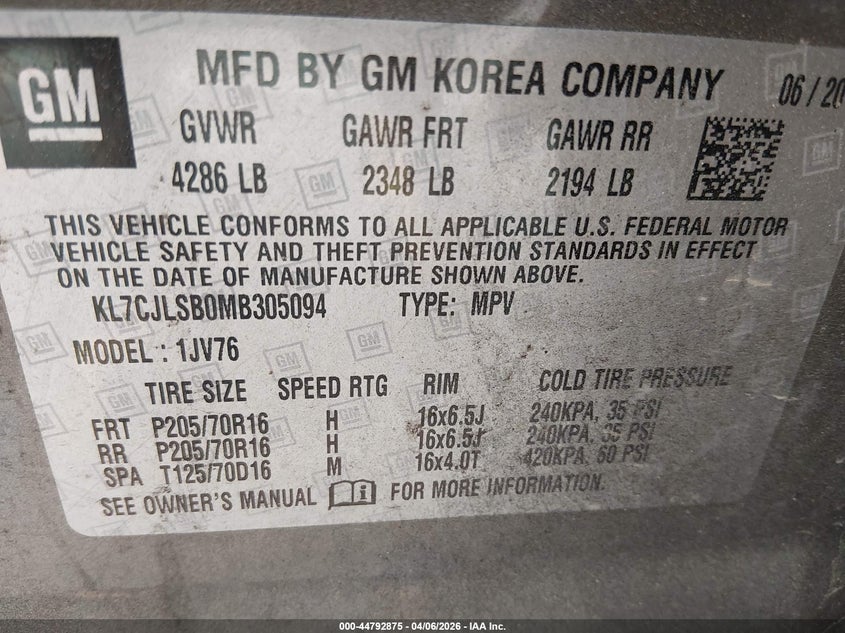 2021 CHEVROLET TRAX(VIN: KL7CJLSBOMB305094