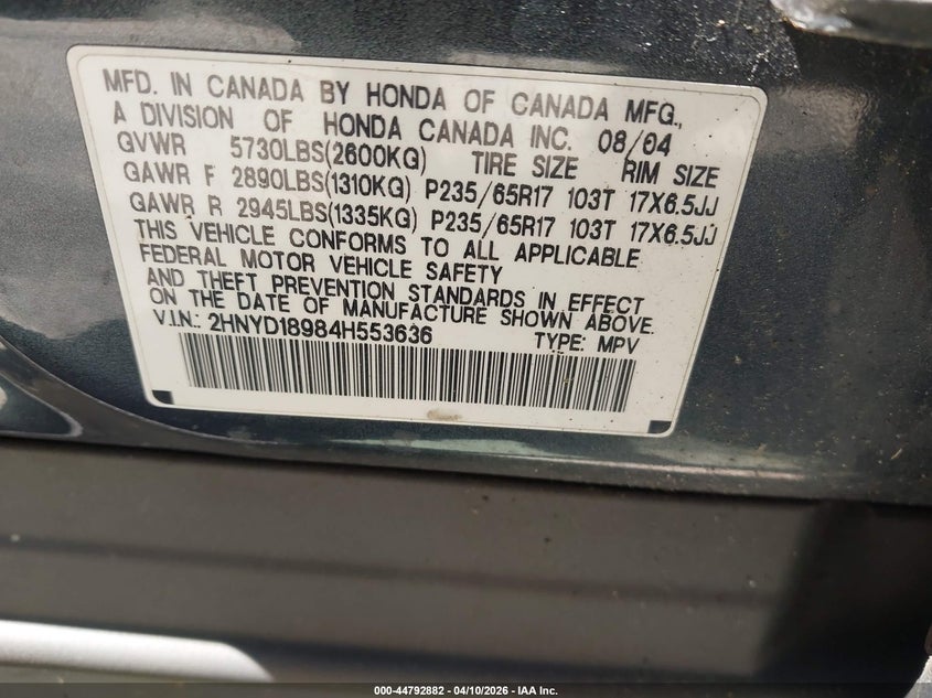 2004 Acura Mdx VIN: 2HNYD18984H553636 Lot: 44792882
