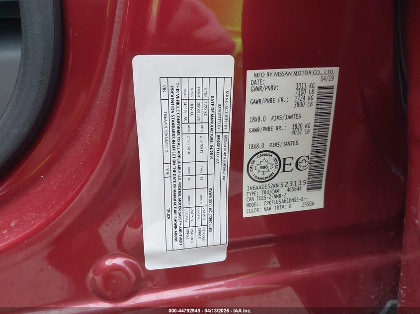 2019 Nissan Titan Platinum Reserve/Pro-4X/S/Sl/Sv VIN: 1N6AA1E52KN523115 Lot: 44792948