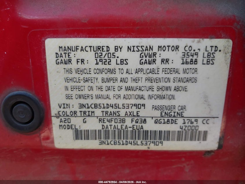 2005 Nissan Sentra 1.8S VIN: 3N1CB51D45L537909 Lot: 44792954