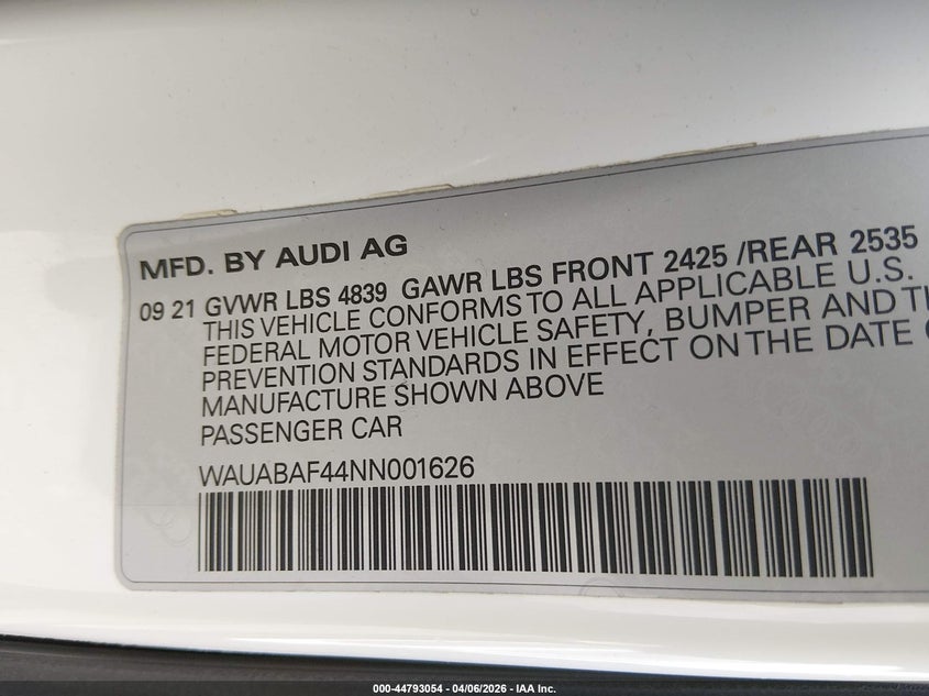 2022 Audi A4 Premium 40 Tfsi Quattro S Tronic VIN: WAUABAF44NN001626 Lot: 44793054