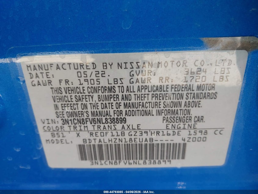 2022 Nissan Versa 1.6 Sr Xtronic Cvt VIN: 3N1CN8FV6NL838899 Lot: 44793085