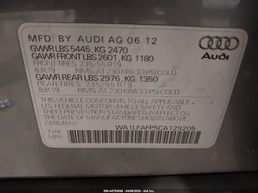 2012 Audi Q5 2.0 2.0t Premium Grey Lot 111044793086 Vin WA1LFAFP5CA129205