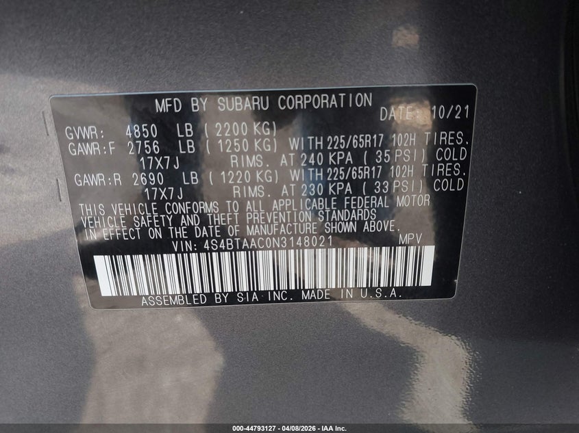 2022 Subaru Outback VIN: 4S4BTAAC0N3148021 Lot: 44793127